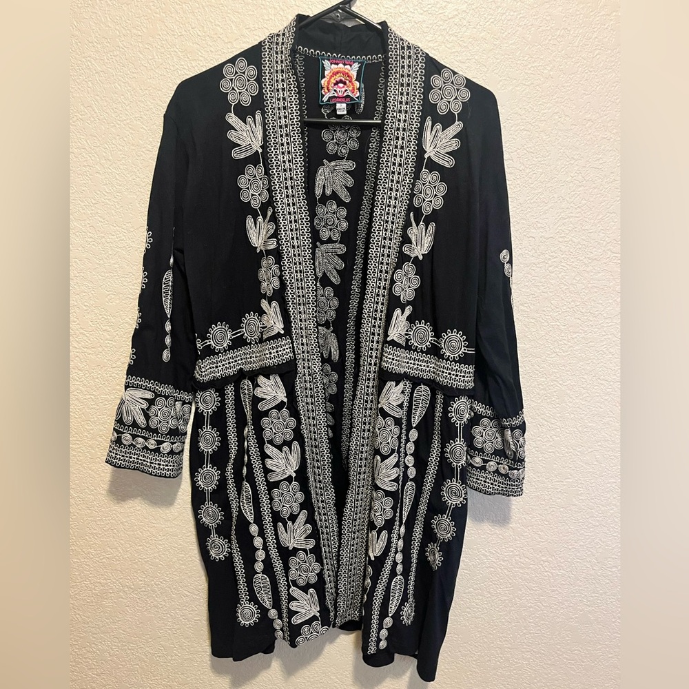 Johnny Was Yasmine Knit Duster Kimono Black Embroidered